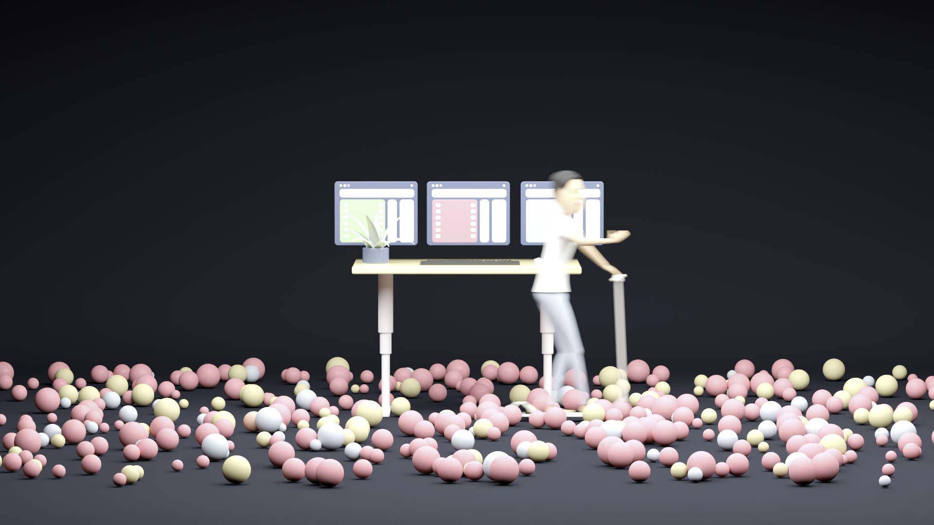 A co-worker enters the workspace represented by a height-adjustable desktop. The co-worker uses an e-scooter. In the room, there are numerous rolling balls representing itesign-developed apps.